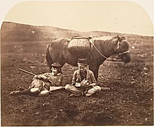 [Charlie and Peel Ross with Horse after a Hunt] by Horatio Ross