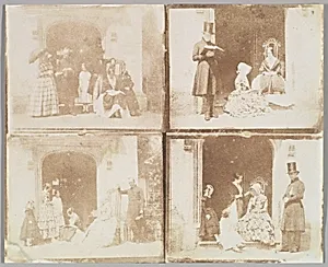 [Contact sheet of four group portraits in a doorway]