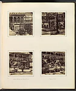 [Elevated View of Egyptian Court; Ninevah Court; Monti's Fountain, and Ninevah Court; Assyrian Court with Workers] by Philip Henry Delamotte