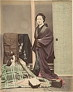 [Japanese Woman in Traditional Dress Posing with Cat and Instrument] by Suzuki Shin'ichi