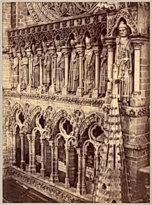 [Pointed Arches, Sculptural Saints, and Rose Window on Unidentified Cathedral] by Unknown