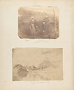 [Portrait of a Bearer, Little Marlin, and Captain Hill, Garden, Umballa] by Unknown