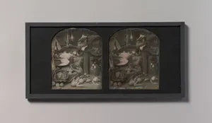 [Stereograph Still-life of Fowl with Initialed Barrel and Root Vegetables]