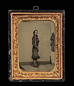 [Union Civil War Soldier Posed in Studio with Broom in Place of Rifle] by Unknown