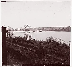 [View of Steamer Gunboat? on Appomattox River, Virginia] by Timothy H. O'Sullivan|Mathew B. Brady