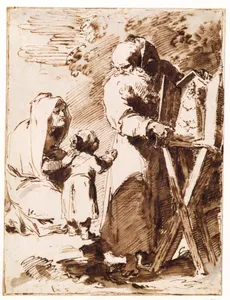 A Bearded Monk Showing a Portable Altar to a Praying Child, with an Old Woman Kneeling
