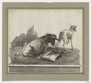 A Donkey Lying on the Grass, with an Italian Greyhound (on a Base)