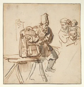 A Hawker Showing an Animal in a Cage to a Woman and Her Child