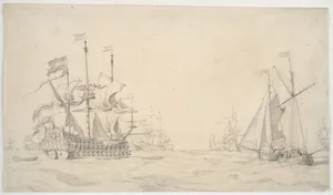 A Large Dutch Ship with a Fleet at Sea and Two Small Vessels