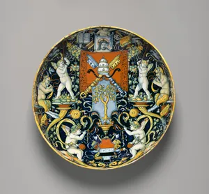 Bowl with the Arms of Pope Julius II and the Manzoli of Bologna surrounded by putti, cornucopiae, satyrs, dolphins, birds, etc.