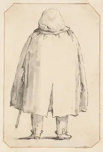 Caricature of a Man in a Voluminous Cloak, Carrying a Walking Stick, Seen from Behind