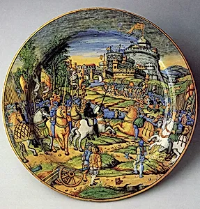 Large plate (grande piatto): An episode from the Sack of Rome, 1527: the assault on the Borgo (?) by workshop of Guido Durantino