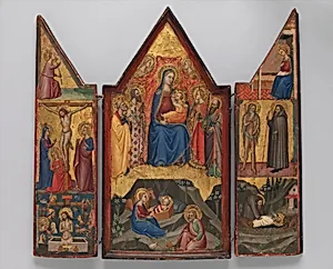 Madonna and Child Enthroned with Saints Peter, Bartholomew, Catherine of Alexandria, and Paul, and (below) the Nativity; left wing (top to bottom): Annunciatory Angel, Crucified Christ with the Virgin, Saints Mary Magdalen and John, and Christ as the Man of Sorrows; right wing (top to bottom): Virgin Annunciate, Saints Onophrius and Paphnutius, and Saint Onophrius Buried by Saint Paphnutius. by Tommaso del Mazza|Master of Santa Verdiana|Matteo di Pacino