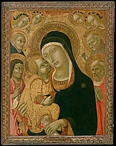 Madonna and Child with Saints John the Baptist, Jerome, Peter Martyr, and Bernardino and Four Angels by Sano di Pietro (Ansano di Pietro di Mencio)