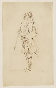 Man with a Long Pigtail and a Stick, Standing in Profile to the Left