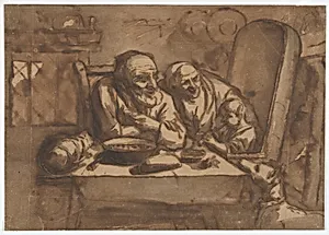 Old Couple with a Child Playing a Pipe