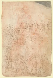 Page from a Sketchbook Depicting a City under Siege and a Scene of Homage(?) (recto); standing figures and a horseman; male and female figures; a battle scene (verso)