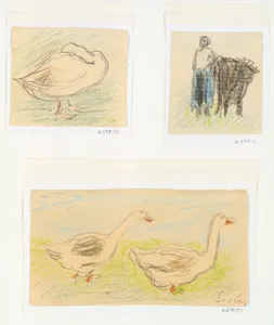 Three Sketches-Two Geese Walking; Peasant Woman with a Cow; Goose Hiding its Head