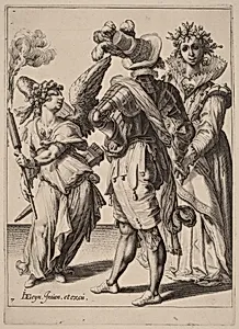 A Blindfolded Cupid Holding a Torch Before a Couple