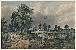 A Drover with Sheep, a Church Beyond