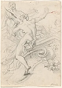 A Female Figure Seated on an Entablature, Holding a Distaff