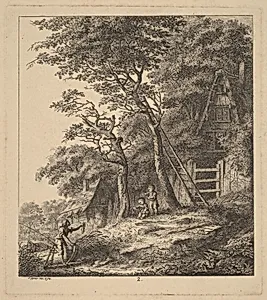 A Fisherman and Two Children in a Landscape with Thatched Cottages
