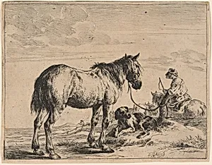 A Horse Bound to a Post with a Reclining Dog