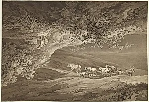 A Landscape with a Herd of Cows and Goats, Surmounted by Another Landscape, Upside-down, with a Man Pushing a Wheelbarrow