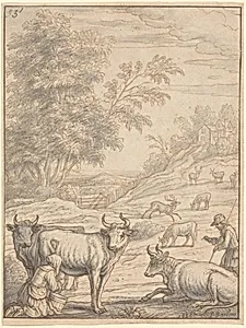A Meadow with Cattle and Deer