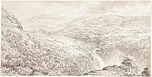 A Mountain Valley with a Waterfall