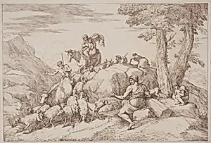 A Pastoral Journey with a Mother and Child on Horesback and an Elderly Shepherd Seated