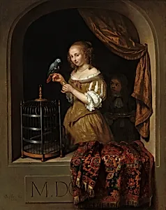 A Woman Feeding a Parrot, with a Page by Caspar Netscher