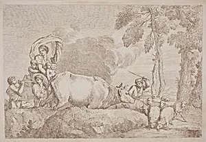 A Woman with Two Children on Horseback