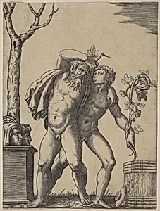 A Young and an Old Bacchant by Marcantonio Raimondi, after Raphael or Giulio Romano