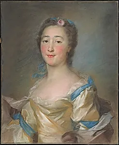 A Young Lady in a Yellow Gown with Blue Ribbons