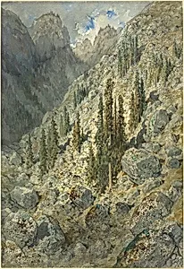 An Alpine Valley with Trees and Boulders