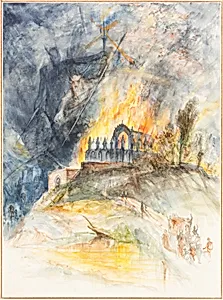 An Ecclesiastic Building in Flames with Demons Above