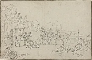 An Elegant Hunting Party Resting by a Fountain