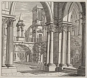 Architectural Fantasy with Buildings, Stairways, and Portals beside a Canal