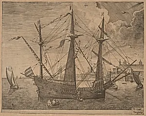 Armed Three-Master Anchored Near a City