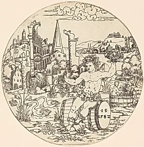 Bacchus Seated on a Barrel and Holding Grapes