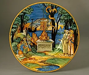 Broad-rimmed bowl with the sacrifice of the Greeks at Aulis and the omen of the serpent devouring nine birds, interpreted by the priest Calchas; arms of Anne de Montmorency