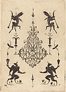 Brooch with Fantasy Creatures Blowing Horns at Top and Winged Griffins at Bottom