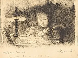 By the Lamp (Sous la Lampe) by Albert Besnard