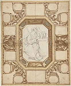 Ceiling with Allegorical Figures and the Arms of Pope Sixtus V (Guerra's outer drawing); Saint Joseph and the Christ Child (Viani's central drawing)