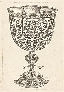 Chalice with six embossings, base decorated with two dolphins
