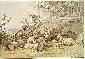 Children and Goats Resting by a Felled Tree
