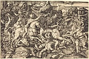Combat between Horsemen and Foot Soldiers by Hieronymus Hopfer after Raphael