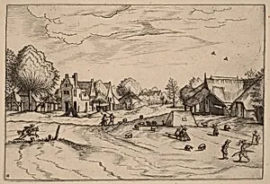 Country Village with Sheep and Sitting Shepherd