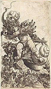 Cupid Riding a Snail over Fungus Vegetation